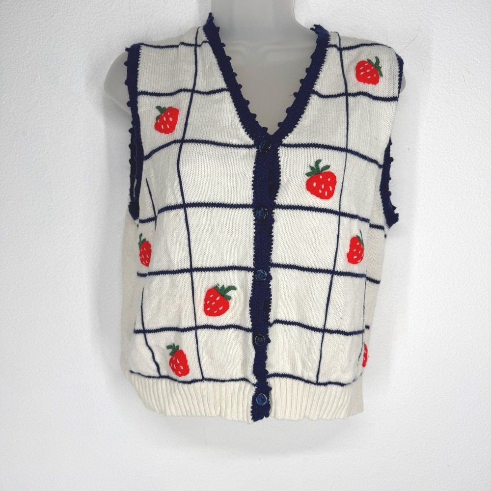 Vintage Aware Strawberry Knit Sweater Vest White Navy Grid Fruit Cardigan Size L